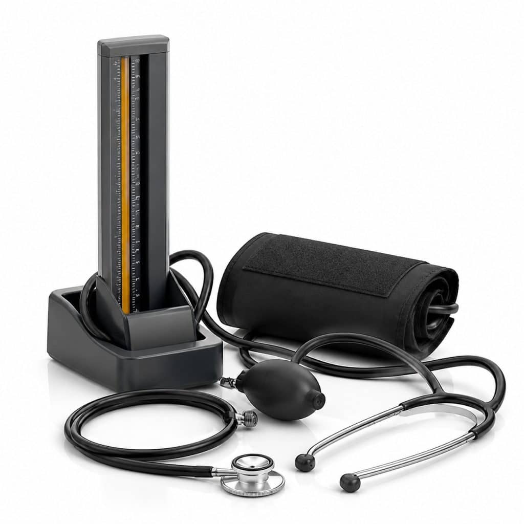 Tensiomètre manuel à colonne avec stéthoscope présenté seul